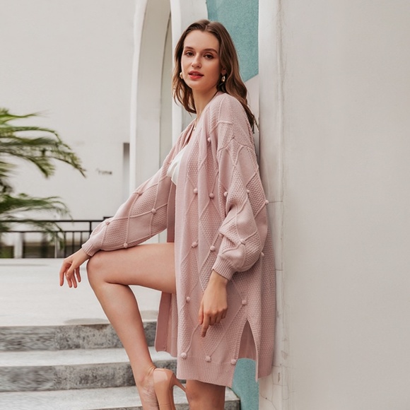 Pom Pom Detail Pink Open Cardigan - Picture 7 of 9